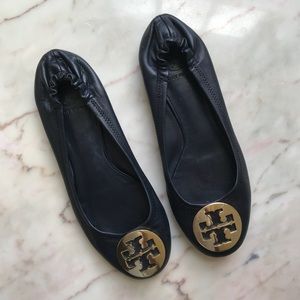 Tory Burch Navy Leather Gold Logo Reva Flats 7.5